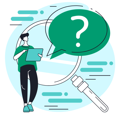 Blue and green illustration of a man holding a computer searching for information